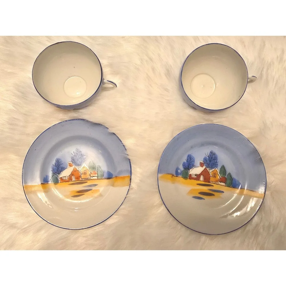 Vintage Hand-Painted Japanese Winter‎ Cottage Tea Cups & Saucers - Set of 2